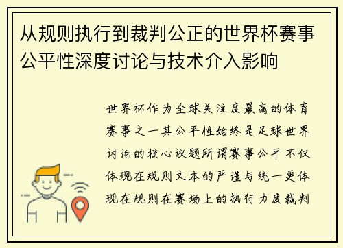 从规则执行到裁判公正的世界杯赛事公平性深度讨论与技术介入影响